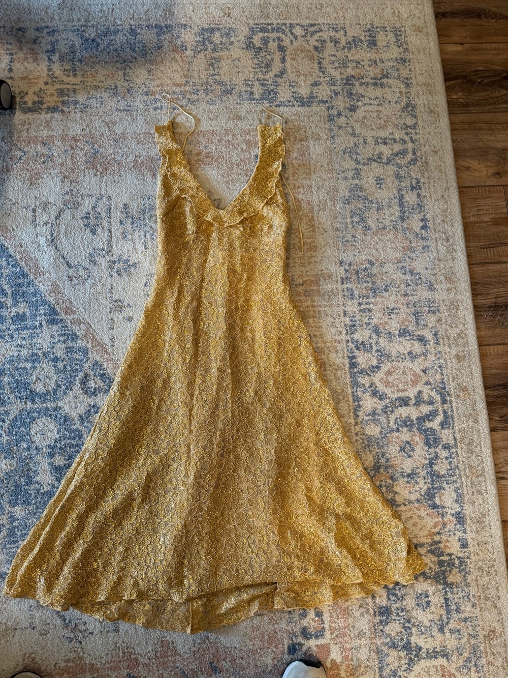 Vintage Betsey Johnson Gold Lace Ruffle V-Neck Halter Dress Sz S Y2K Whimsygoth - Picture 4 of 7